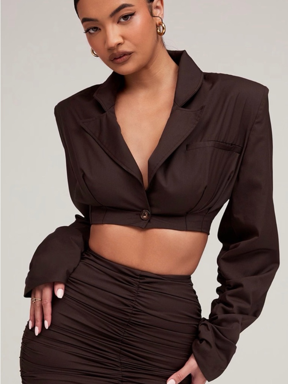 Mistress Rocks Cropped Tailored Blazer Top - Dark Brown